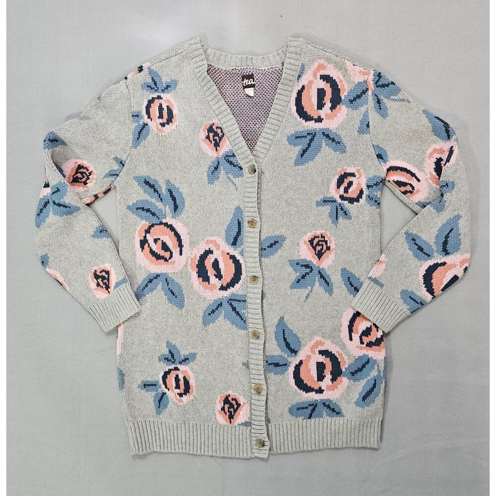Tea Collection Girls XL 12-14 Gray Pink Floral Jacquard Knit Cardigan Sweater